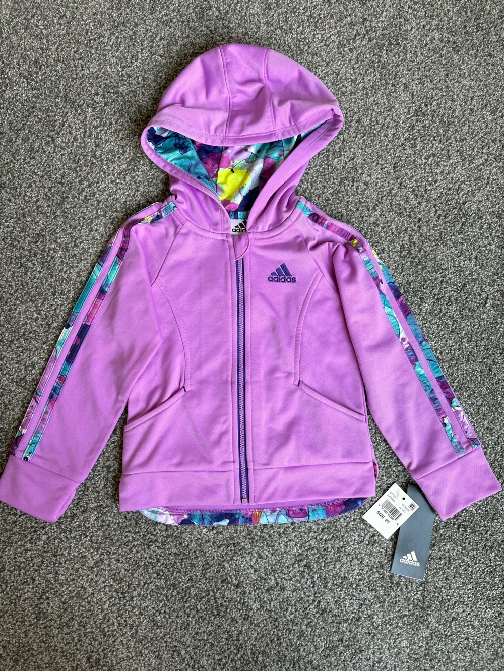 NWT Adidas 2T Girls' Long-Sleeve Full-Zip Purple Tricot Jacket Printed Stripes